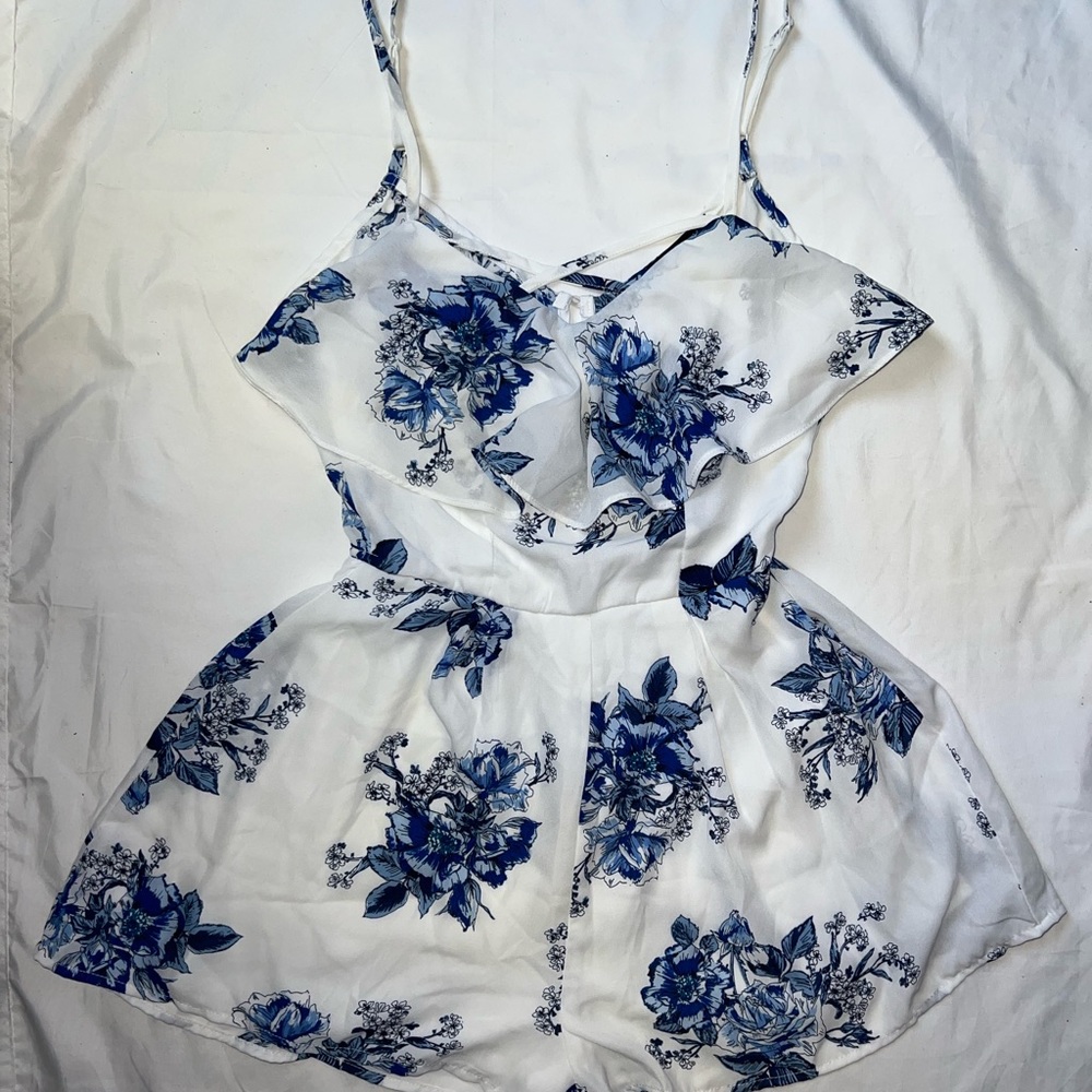 White & Blue Flower Criss Cross Romper